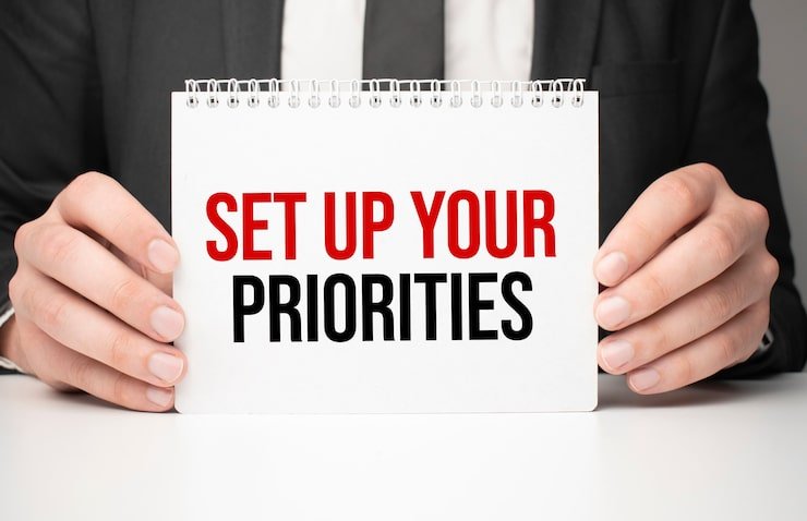 businessman holding-sheet paper with message set up your priorities