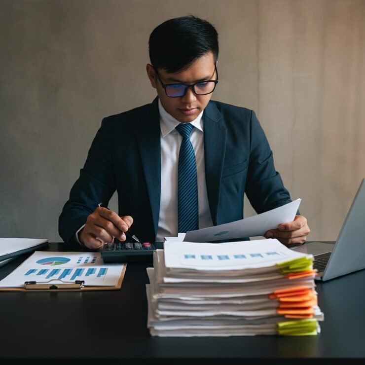 financial expert analyzing profit with detailed graphs calculations