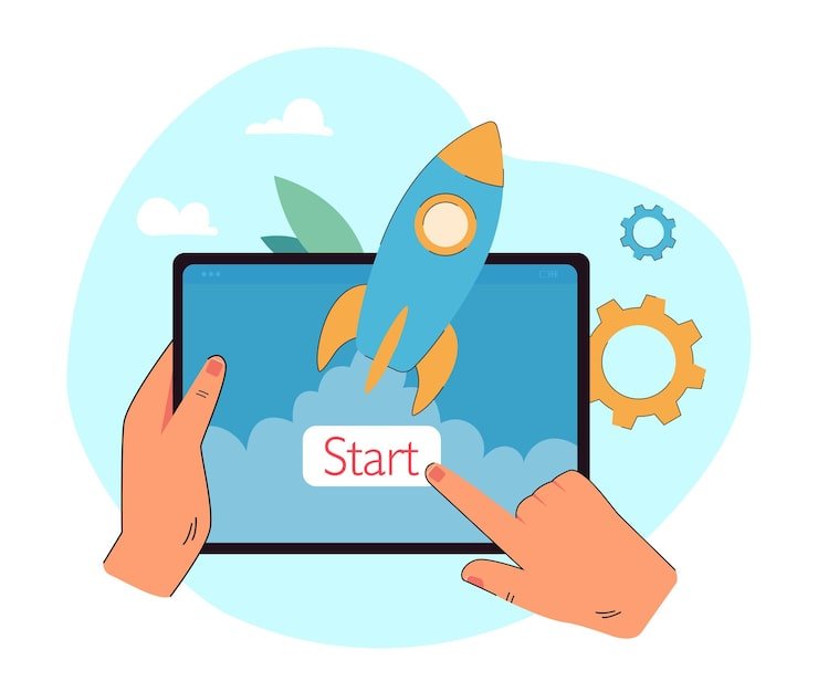hands holding tablet with forefinger clicking start button new application launch flat illustration