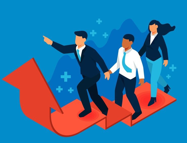Isometric illustration of finance leaders and business growth