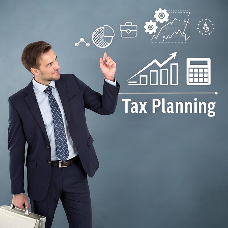 Businessman presenting strategy with financial plan text