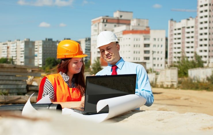 Construction workers at building site for contractor payroll services
