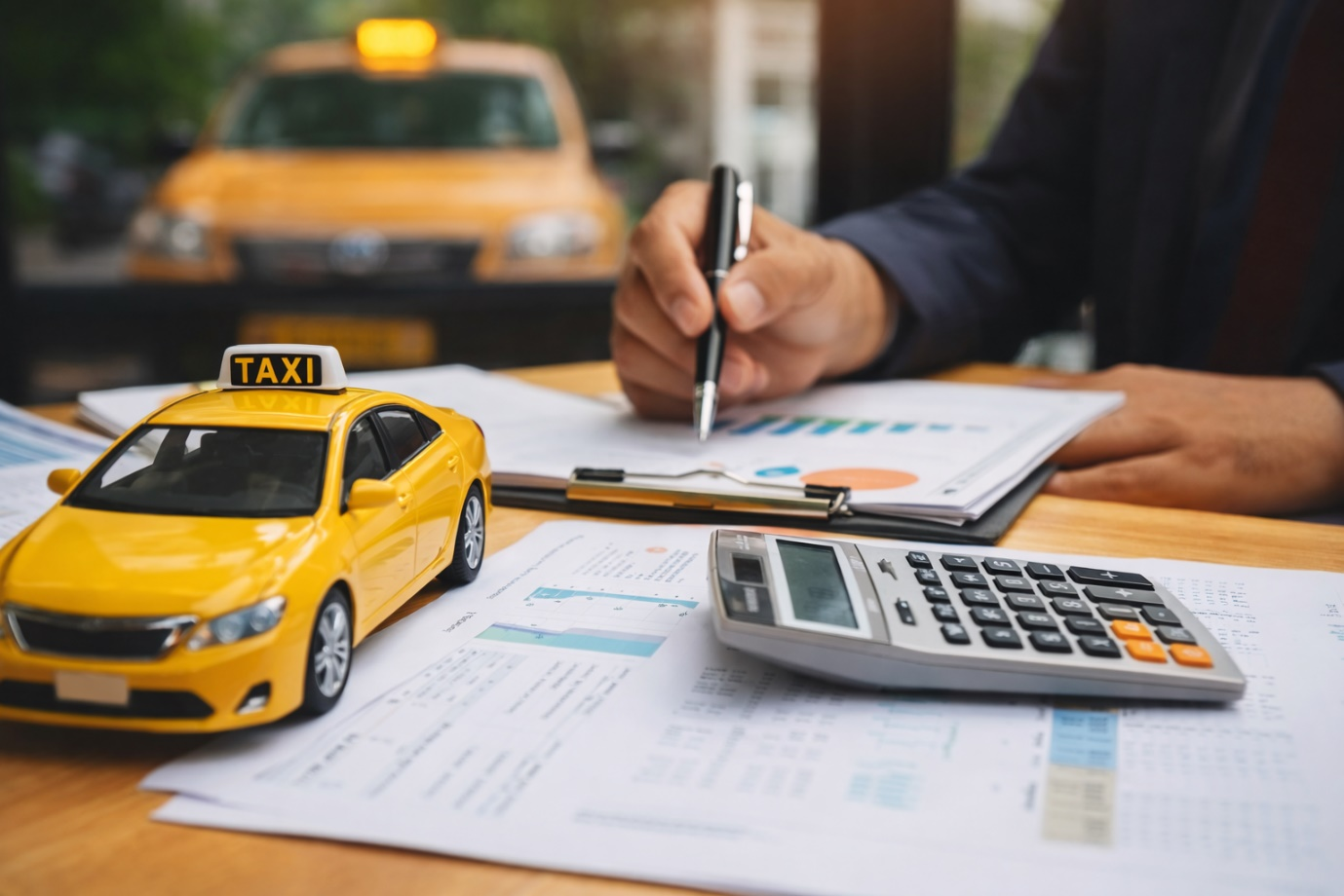 Accountant reviewing tax documents for taxi and private hire drivers, with calculator and taxi model on desk.